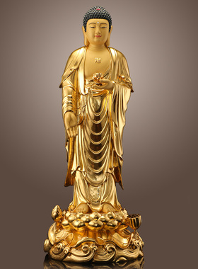居家供奉纯铜贴金佛像 西方三圣佛像阿弥陀佛观音菩萨客厅摆件 高