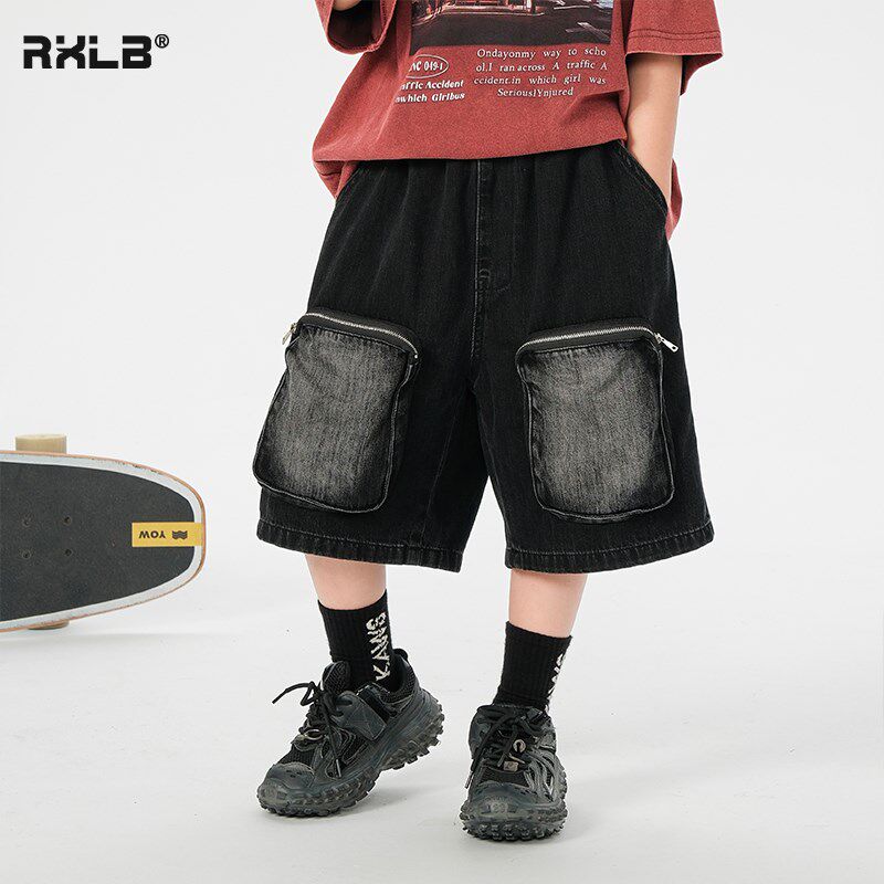 男童牛仔中裤儿童宽松短裤大童装工装五分裤子中小童大口袋休闲裤