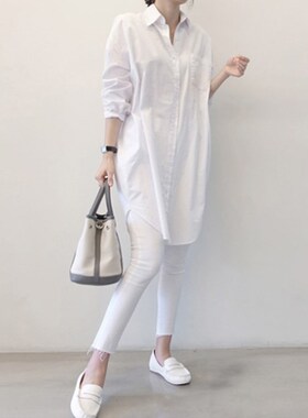韩国东大门春秋款宽松bf风大版棉中长款白色衬衫女大码长袖衬衣女