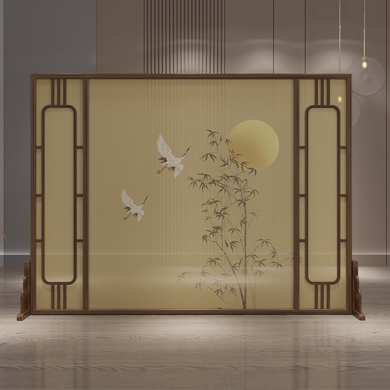 新中式实木屏风隔断客厅餐厅遮挡分隔大堂背景座屏半透花鸟纱屏