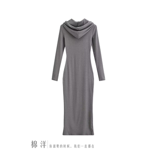 棉洋复古抓毛长款连帽修身包臀连衣裙气质可打底磨毛长袖卫衣长裙