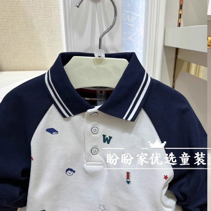 儿童T恤24春秋款男童纯棉满印插肩POLO衫中大童打底洋气长袖上衣
