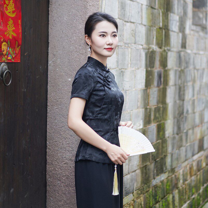 筠雅夏季新款简约清新旗袍式上衣唐装女改良版修身复古素衣24R604