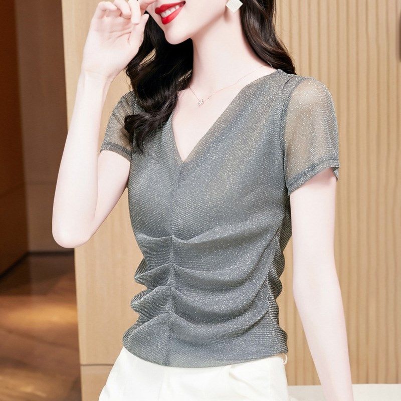 夏季新款亮丝网纱T恤女短袖V领上衣气质显瘦压褶设计感洋气小衫潮,女装/女士精品,T恤,淘宝优惠券,粉丝福利购,淘宝优惠卷