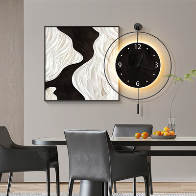 黑白抽象餐厅装饰画带钟表壁灯画侘寂风极简饭厅背景墙挂画肌理画