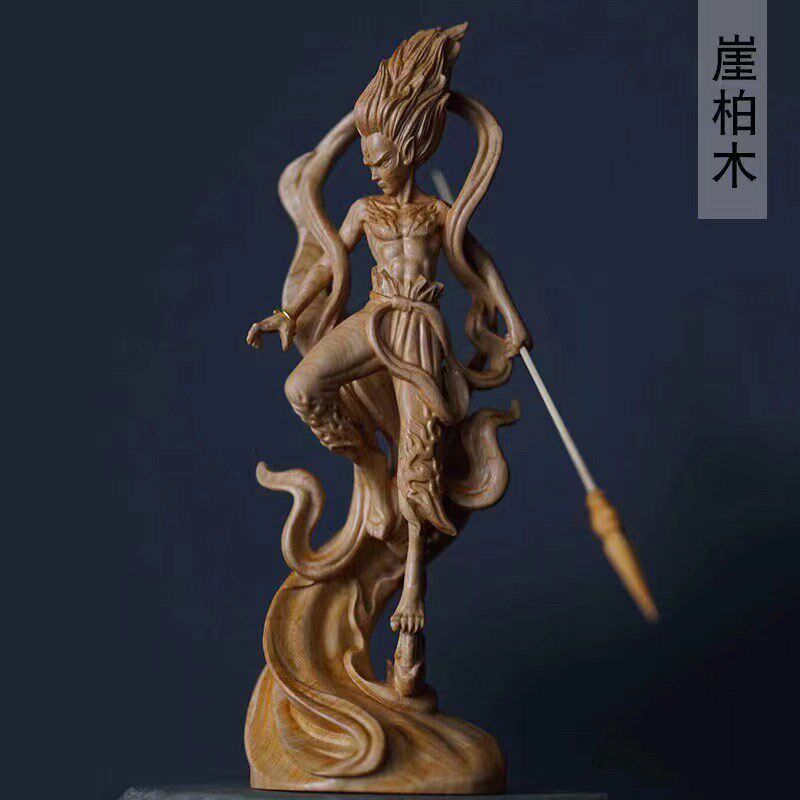 崖柏木雕魔神哪吒三太子摆件卡通人物家居办公室摆件送礼工艺品