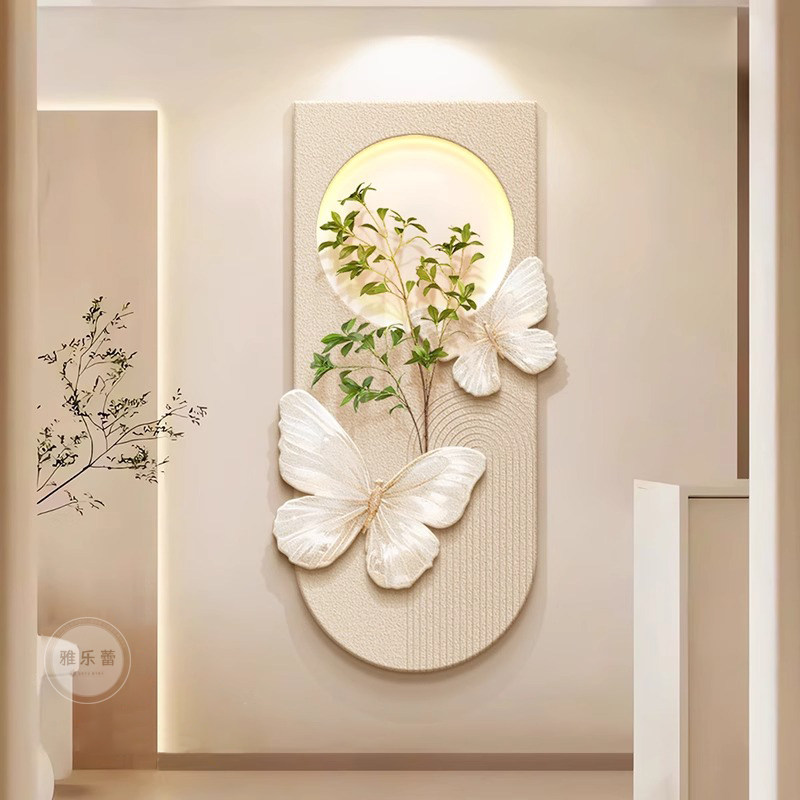 法式玄关装饰画壁灯蝴蝶入户门挂画走廊过道奶油风高级感客厅壁画