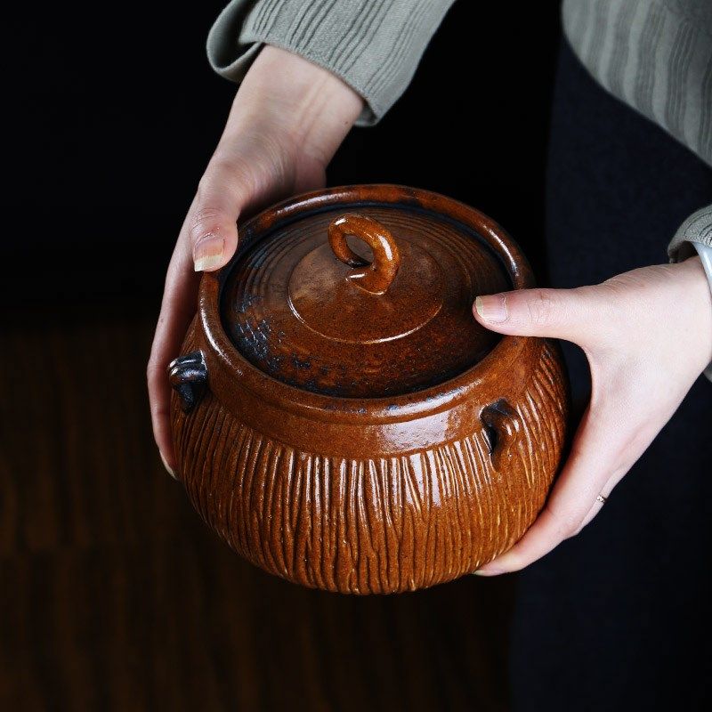 粗陶茶叶罐陶瓷醒茶罐防潮茶仓复古普洱茶罐大号家用紫砂杂粮罐子