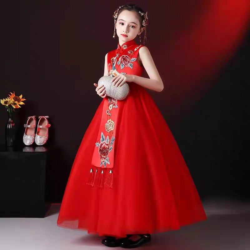 礼服公主裙高端女童新国潮中国风红色主持人走秀演出霸气晚礼服夏