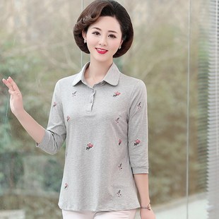中年女士纯棉中袖T恤女有领2023新款妈妈装春夏季七分袖上衣服