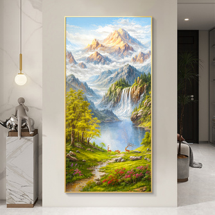 大芬村油画玄关装饰画流水生财山水风景手绘挂画走廊过道壁画竖版