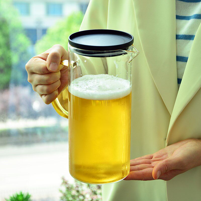 直身扎壶接精酿啤酒壶高硼硅玻璃冷水壶果汁壶大容量透明带盖水瓶