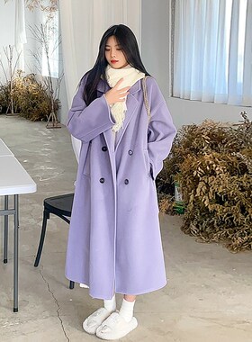 奶紫色双面毛呢大衣女2024冬季新款外套女秋冬款大码女装胖mm冬装
