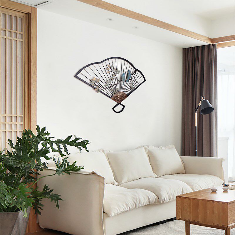 新中式扇面花鸟壁挂创意金属玄关壁饰客厅装饰挂件餐厅书房壁饰