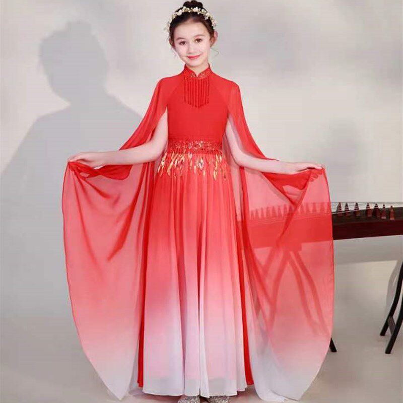 新款女童古筝演出服酒红色中国风古典民乐演奏大合唱艺考高端礼服