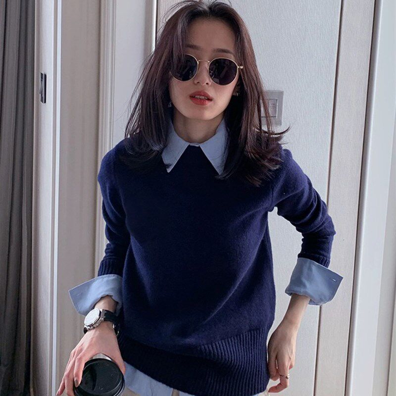 2025春装新款女装拼接假两件针织衫短款毛衣法式高级感Polo领上衣