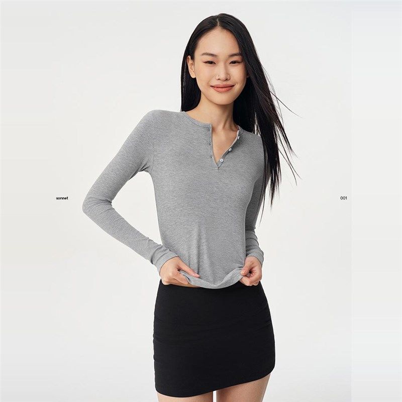 asomesome美式修身针织长袖T恤女白色紧身内搭休闲上衣亨利打底衫