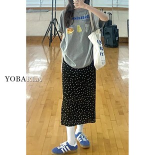 黑色波点西装裙女夏季大码胖mm遮肚显瘦梨形身材中长款a字半身裙