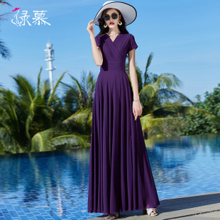 2021夏季新款长款黑色雪纺连衣裙气质V领收腰显瘦到脚踝大摆长裙