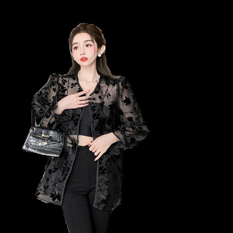 衬衫女夏季新款复古风提花防晒衣新中式盘扣长袖网纱外套上衣缎面,女装/女士精品,衬衫,淘宝优惠券,粉丝福利购,淘宝优惠卷