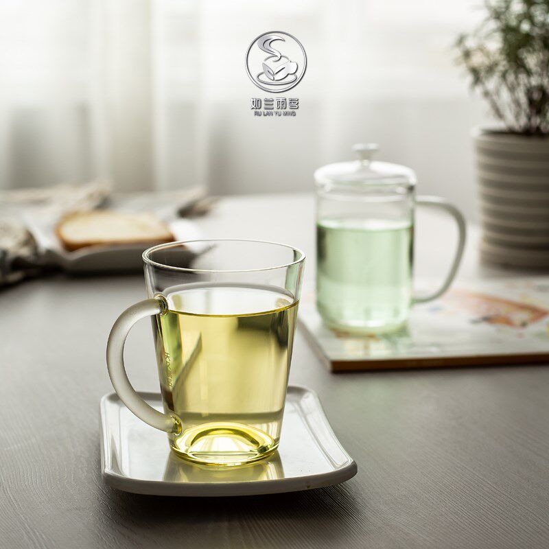 如兰雨茗 带盖白玉杯底磨砂把手绿茶杯女款喝水耐高温防炸裂办公