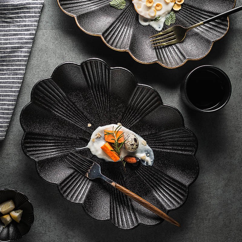 黑色盘子日式 磨砂鱼盘家用大号西餐盘花瓣椭圆形蒸鱼盘甜点菜盘