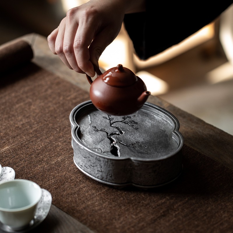 纯老锡壶承日式复古干泡台茶盘功夫茶具建水养壶茶承托盘壶垫蓄水