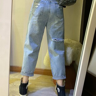 2024薄款破洞乞丐裤牛仔老爹裤女夏款新款宽松网红九分高腰直筒裤