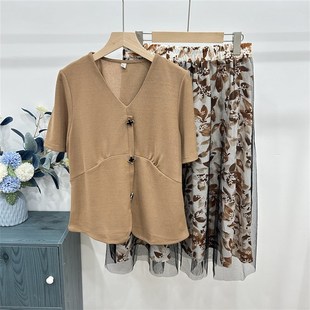 妈妈装夏装套装连衣裙雪纺短袖上衣中老年女小衫时尚半身裙衣服