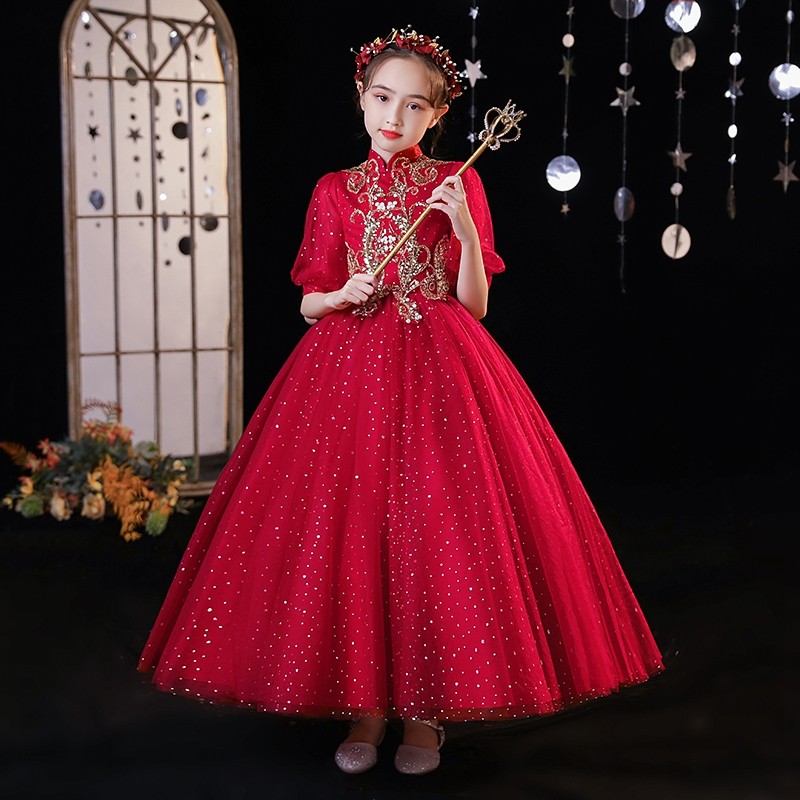 儿童晚礼服女童生日公主裙女孩中国风小花童蓬蓬纱裙婚礼服高端冬