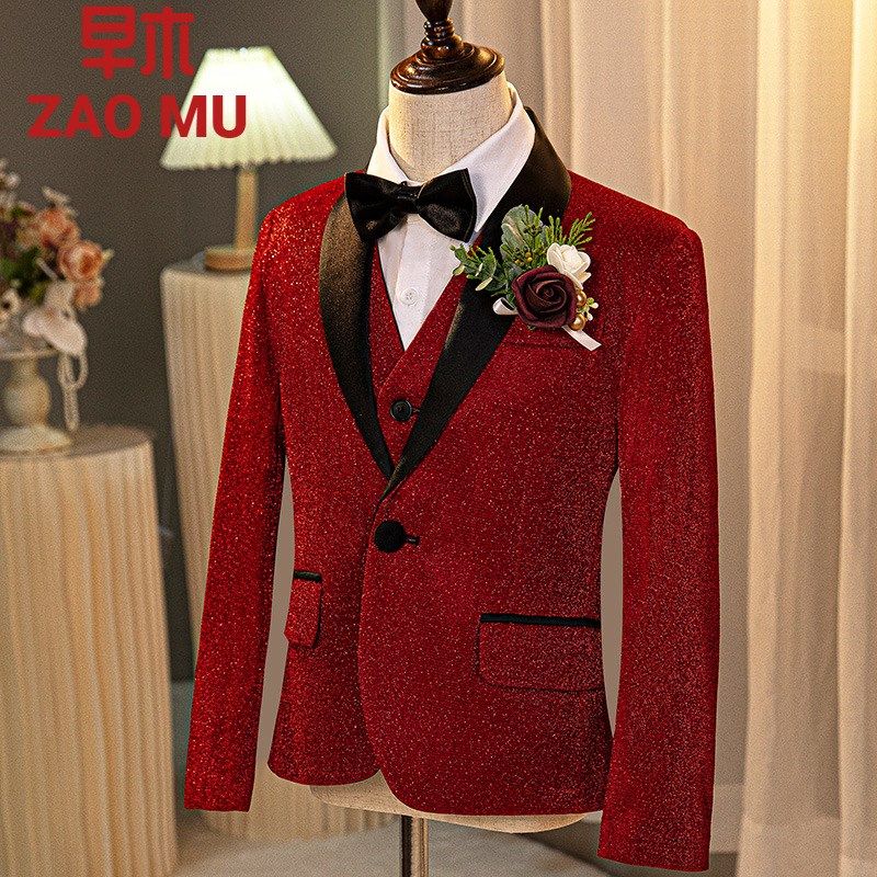 儿童西装套装男童红色亮片新年花童主持人礼服钢琴演出服晚会演出