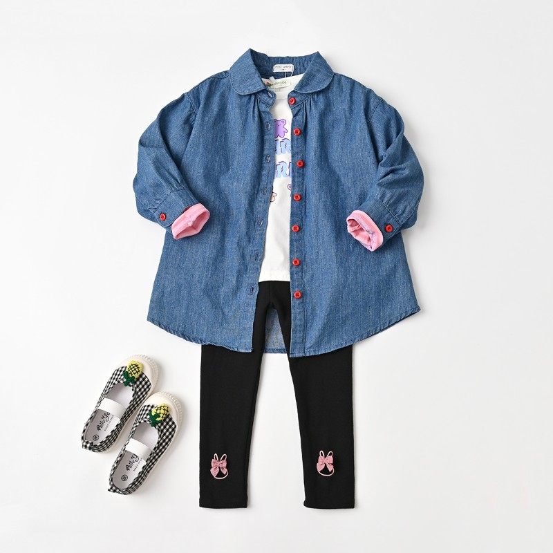 儿童牛仔衬衫 宽松百搭女童A字版衬衣外套 开衫上衣秋季新款 童装