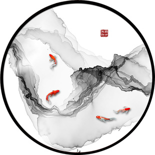 玄关装饰画灯新中式圆形透光挂画禅意水墨壁画入户发光背景墙带灯