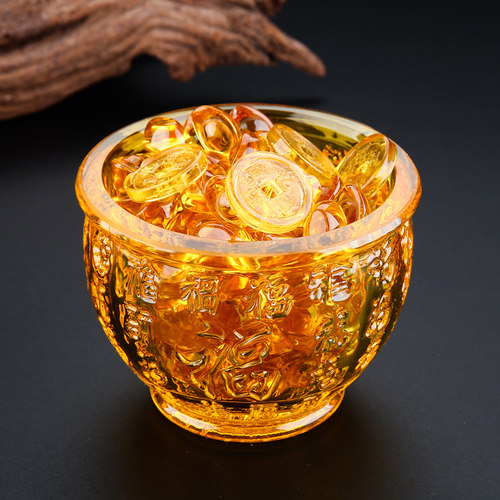 黄水晶米缸家用客厅玻璃聚宝盆桌面聚财玄关百福元宝摆件五帝钱小