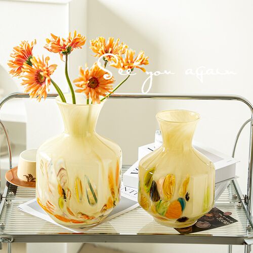 高级感中古彩色古法琉璃玻璃花瓶法式装饰客厅大口径艺术插花摆件