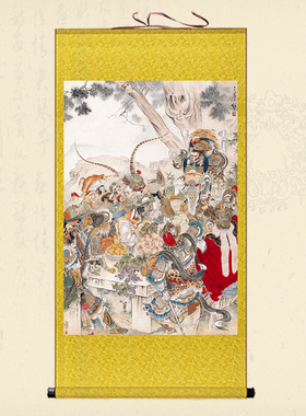 群猴祝寿齐天大圣卷轴画猴子爬树丝绸画双猴戏图装饰画挂画已装裱