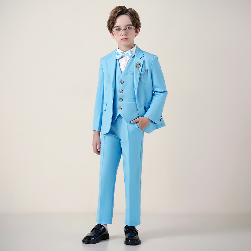 蓝色儿童西装套装男童三件套中大童主持人礼服男生钢琴演出服西服