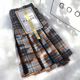 棕色格子百褶裙女秋冬高腰防走光毛呢加厚半身裙子显瘦a字短裙裤