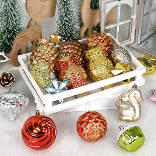 耶诞装饰用品金红闪粉猫头鹰松果挂件耶诞树橱窗场景布置蛋糕挂饰