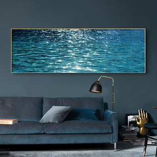 波光粼粼大海水面装饰画水波纹平静海浪蓝色客厅卧室沙发挂画横版