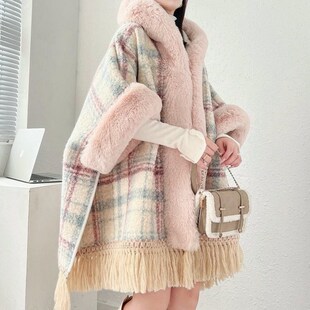 冬加厚披肩中长款蝙蝠袖獭兔毛加绒连帽流苏女领边秋斗篷外套格子