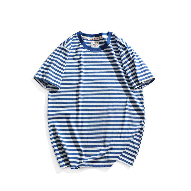国潮中国风纯棉蓝白条纹圆领短袖T恤儿童海魂衫亲子装复古男女款