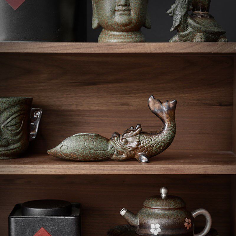 复古高档陶瓷鱼化龙茶匙茶勺茶铲茶叶勺子茶具茶则量勺取茶工具