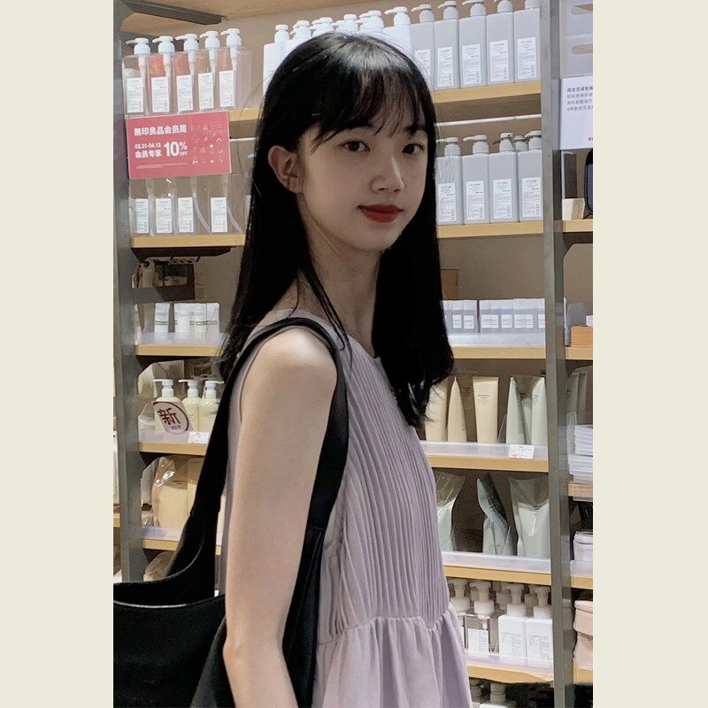 高级感紫色连衣裙女夏季新款小众宽松显瘦小个子无袖长裙背心裙