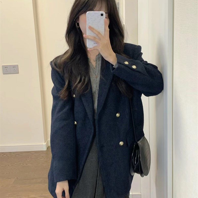 秋冬复古高级感港风藏蓝色小个子搭配显高呢子大衣毛呢外套女短款,女装/女士精品,毛呢外套,淘宝优惠券,粉丝福利购,淘宝优惠卷