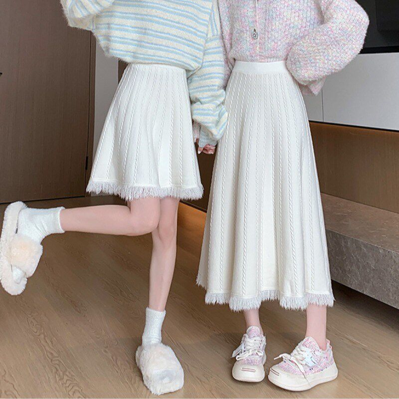 流苏针织半身裙小个子女2024新款秋冬季高腰中长款a字毛线半截裙
