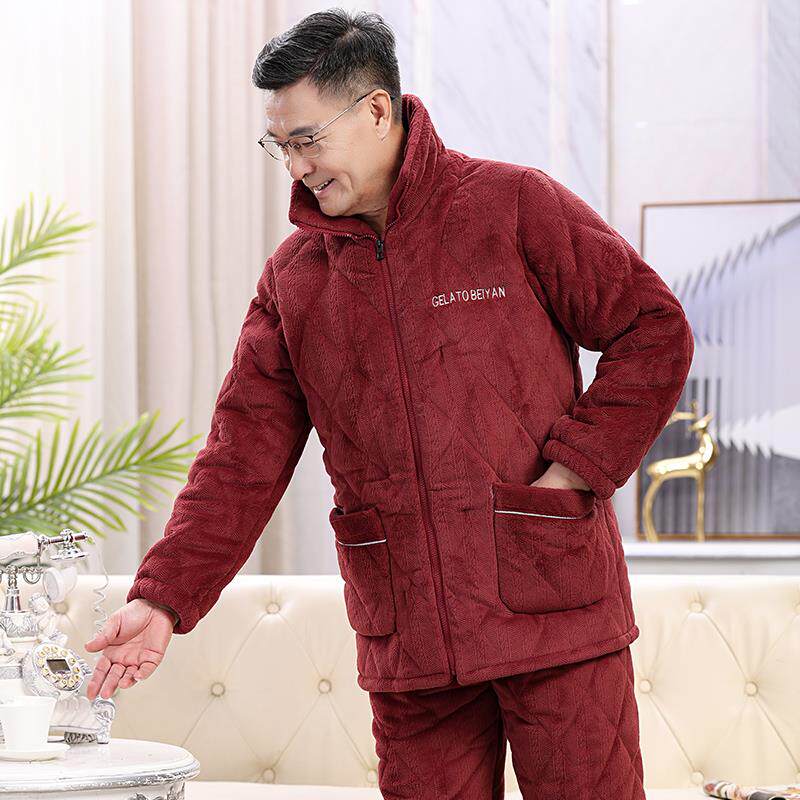 秋冬季睡衣男士加厚加绒新款拉链三层珊瑚绒中老年保暖家居服套装