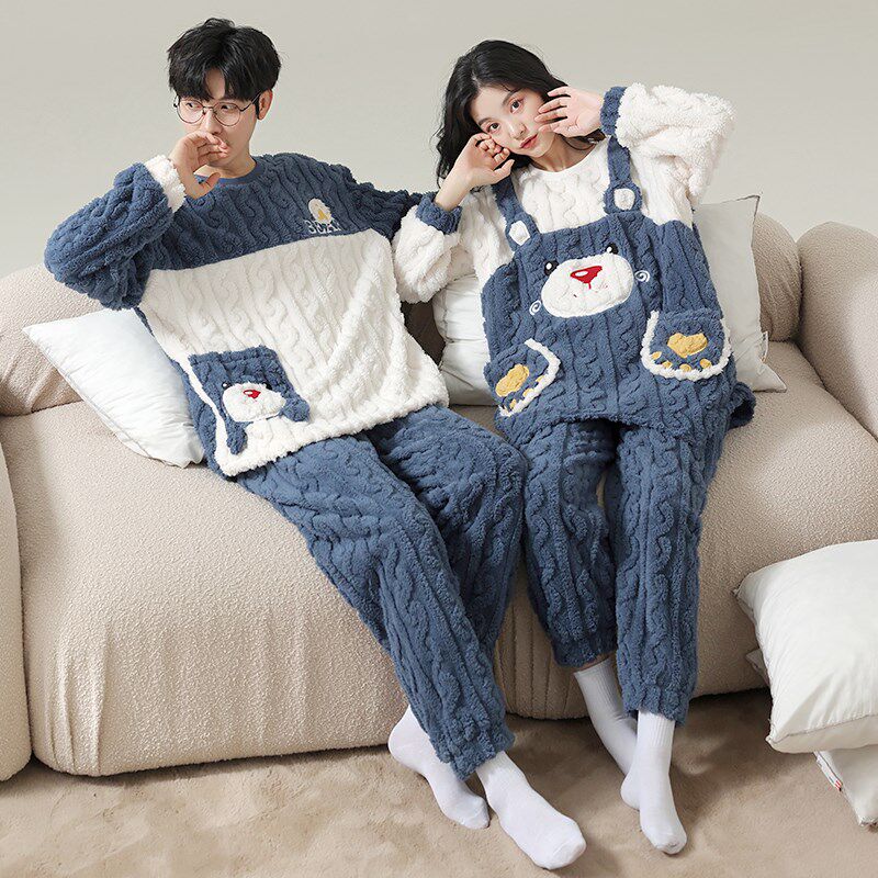 情侣睡衣长袖珊瑚绒秋冬款女士可爱卡通男士法兰绒舒适宽松家居服