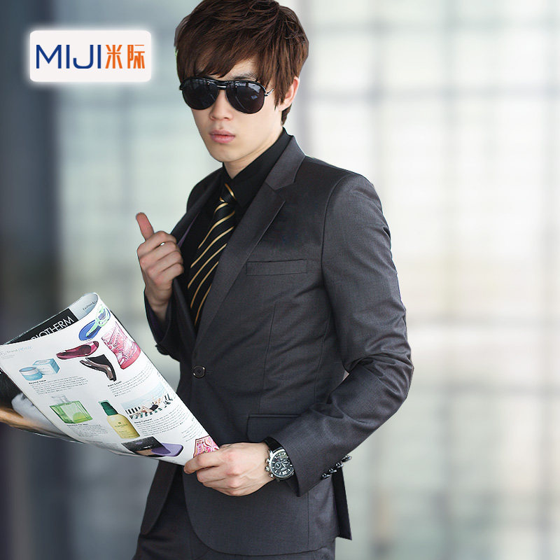 灰色弹力西服套装男秋季西服外套西装上衣修身休闲商务男士单西潮
