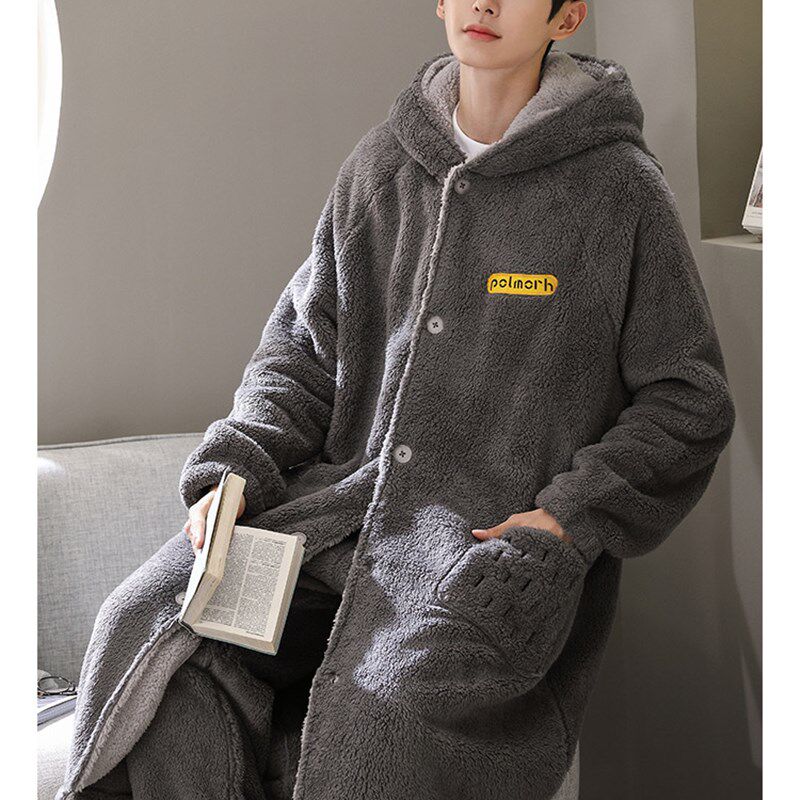 秋冬季珊瑚绒睡衣男士保暖加厚加绒法兰绒男款家居服长款睡袍套装